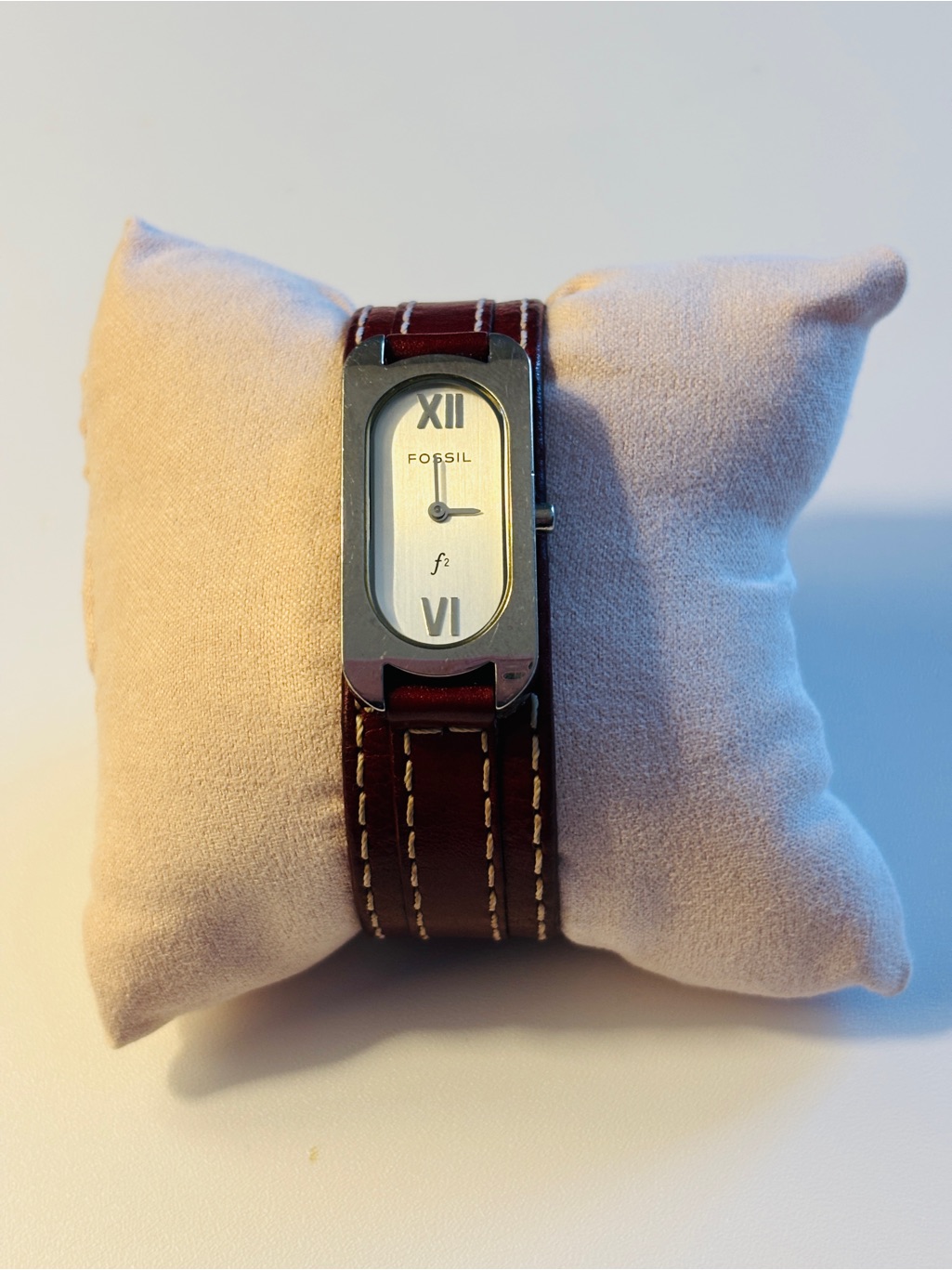 Authentic Fossil Vintage Rectangular Dial Watch With Burgundy Leather Strap